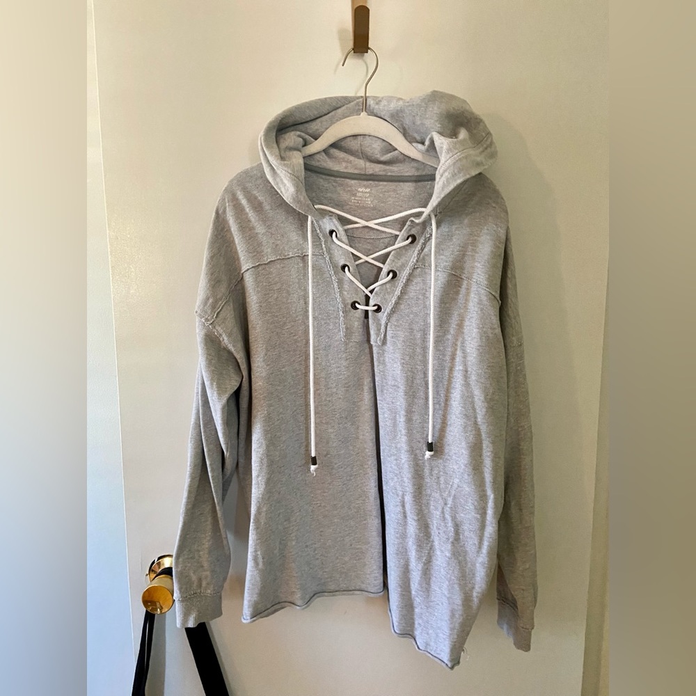 Aerie Lace Up Hoodie - Grey - XXS